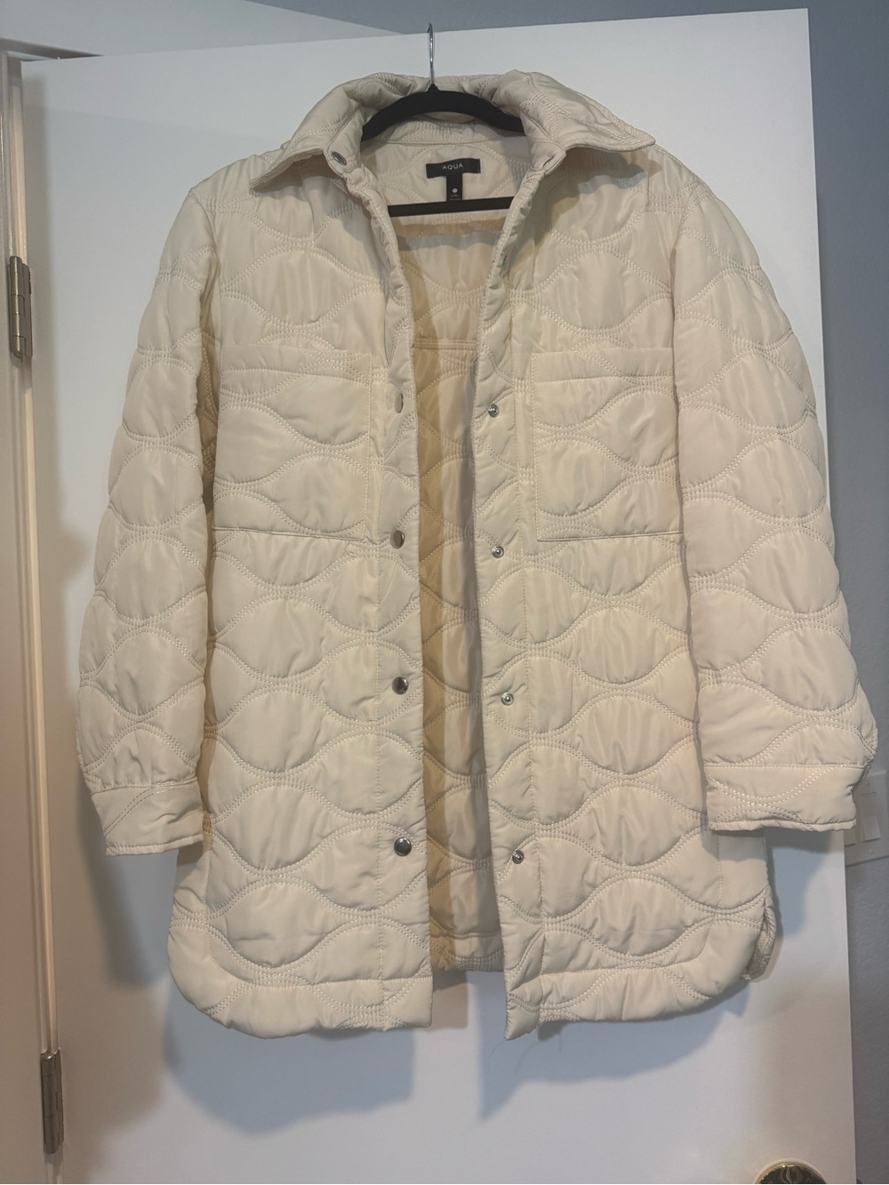AQUA Cream Wavy Quilted Snap-Front Long Shacket Jacket - Size XS